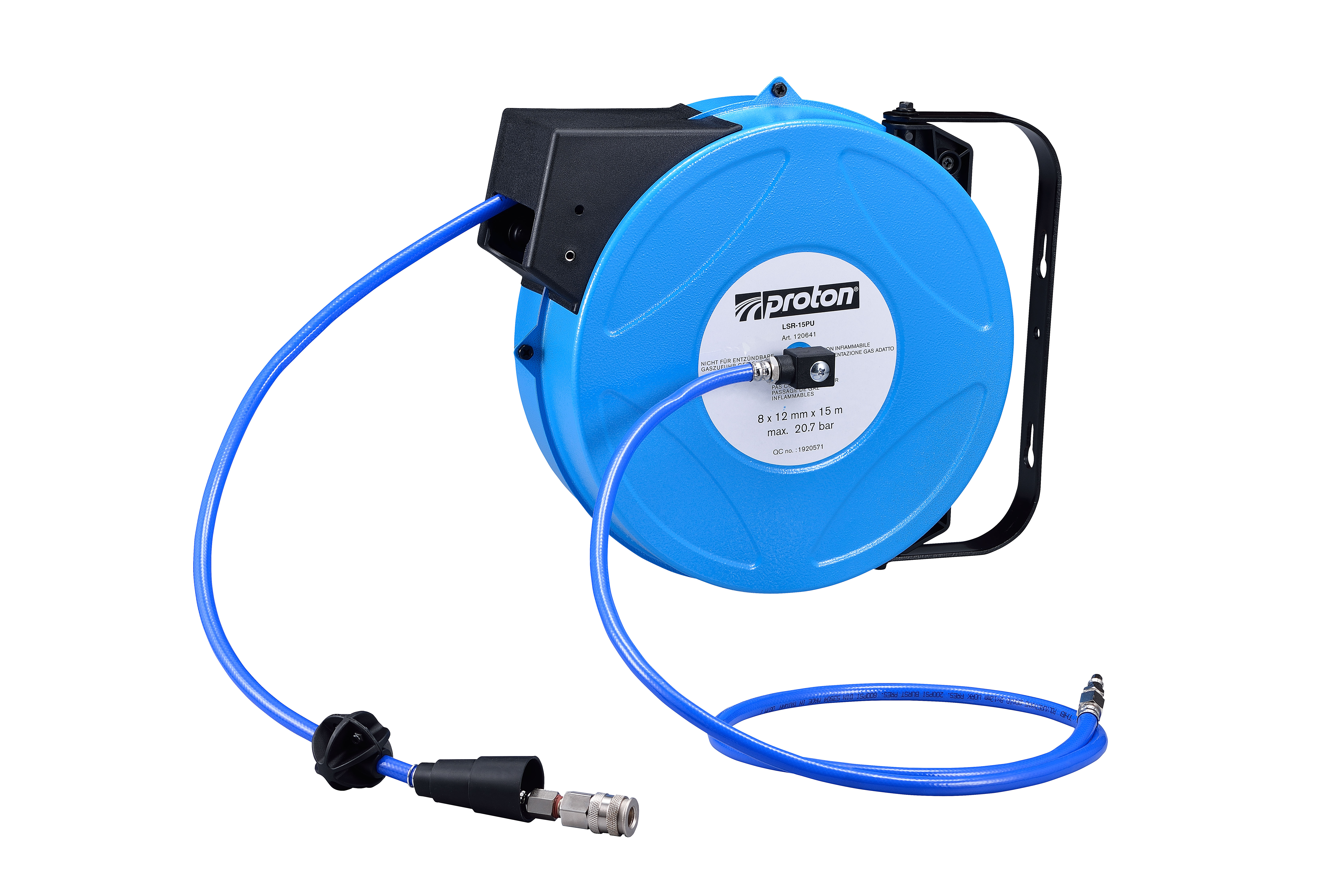 Druckluft-Schlauchaufroller Rockair LSR-12PU, mit montierter Schnellkupplung und Stecknippel