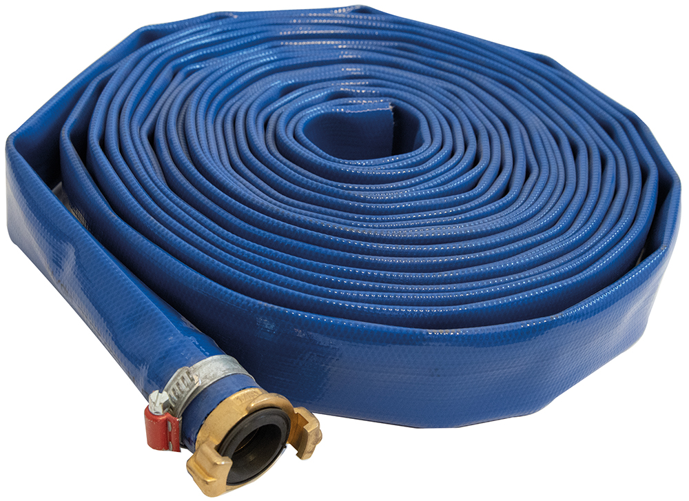 Flachschlauch PVC, ID=32 mm, Länge 25 m, mit Geka-Kupplung mit Stutzen 32 mm und Schlauchklemme